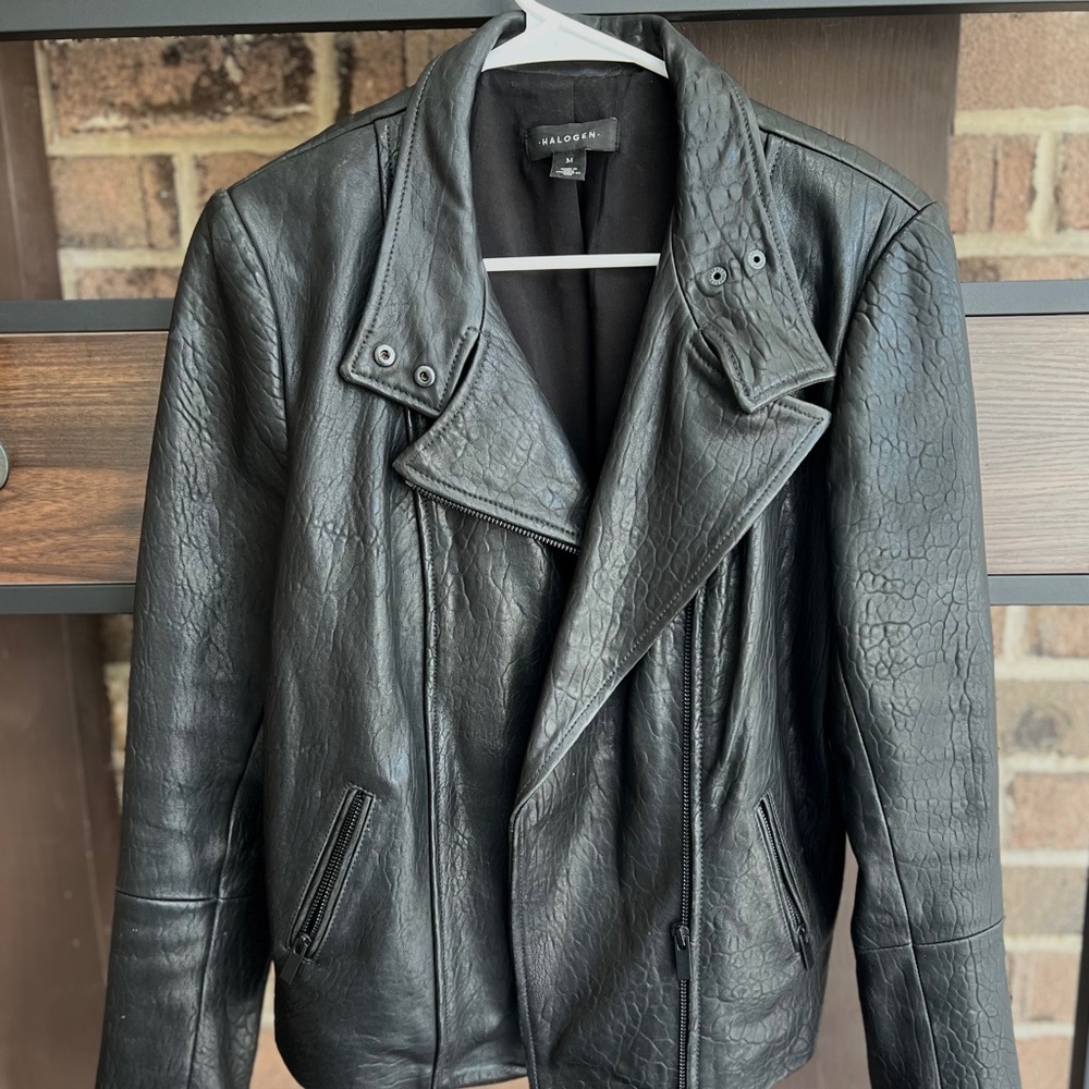 Halogen Textured Black Leather Moto Jacket. Size Women’s Medium.